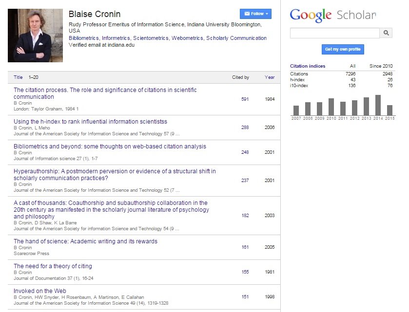 Blaise Cronin's Google Scholar Citations Profile