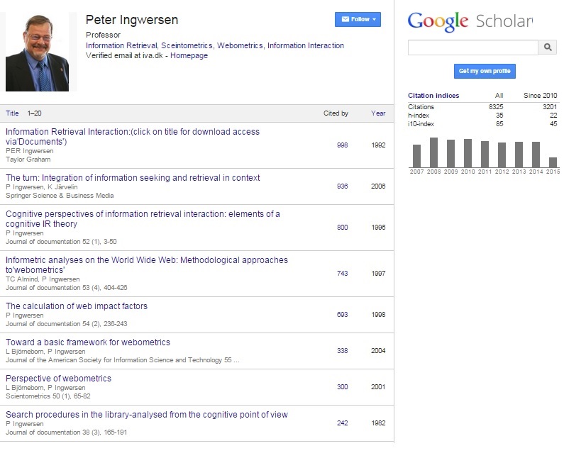 Peter Ingwersen's Google Scholar Citations Profile