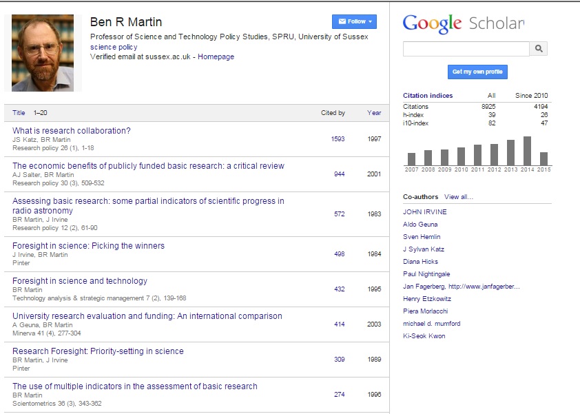 Ben Martin's Google Scholar Citations Profile