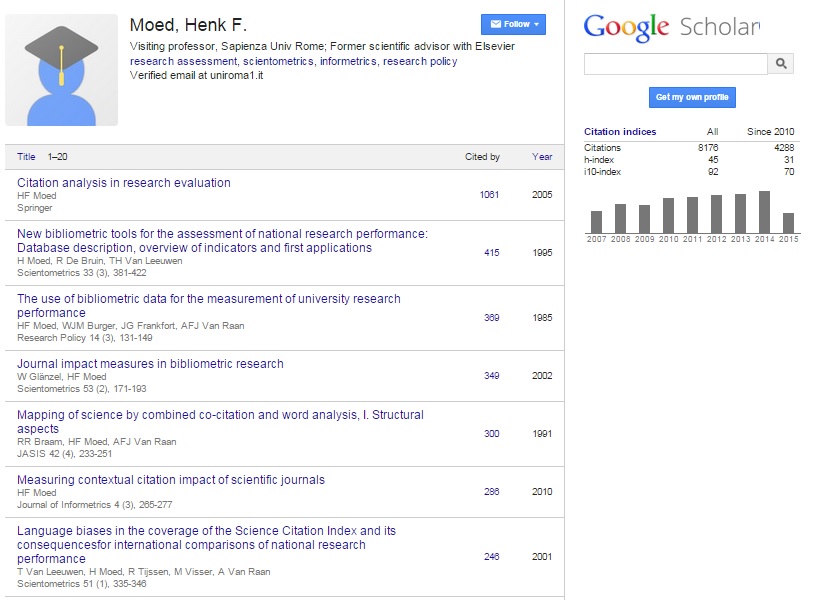 Henk F. Moed's Google Scholar Citations Profile