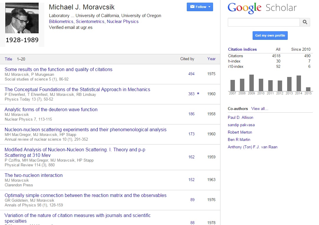 Michael J. Moravcsik's Google Scholar Citations Profile