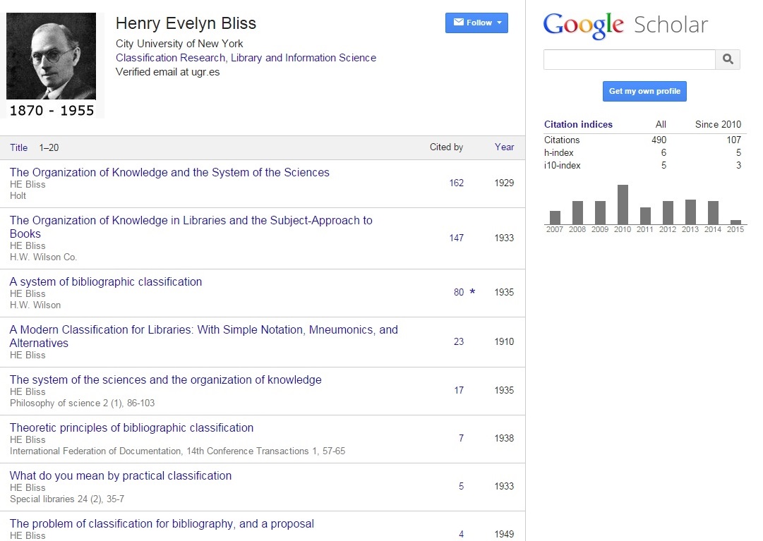 Henry Evelyn Bliss's Google Scholar Citations Profile