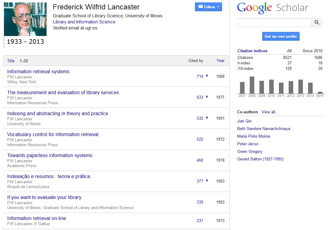 Frederick Wilfrid Lancaster's Google Scholar Citations Profile