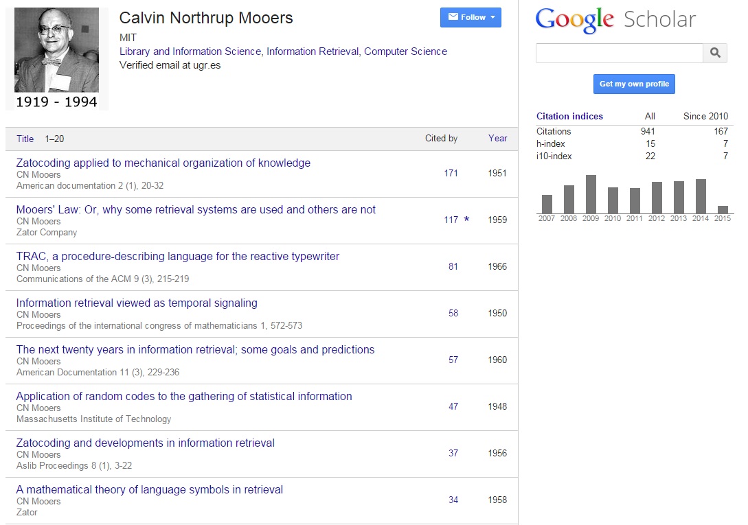 Calvin Northrup Mooers's Google Scholar Citations Profile