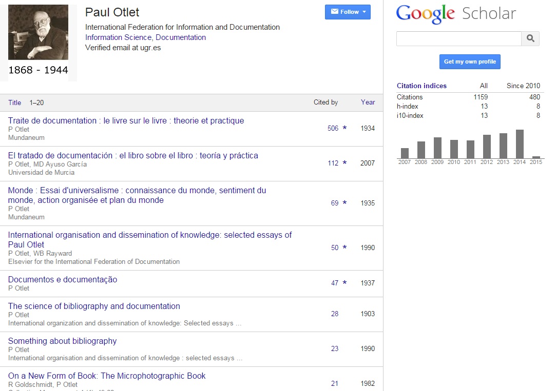 Paul Marie Ghislain Otlet's Google Scholar Citations Profile