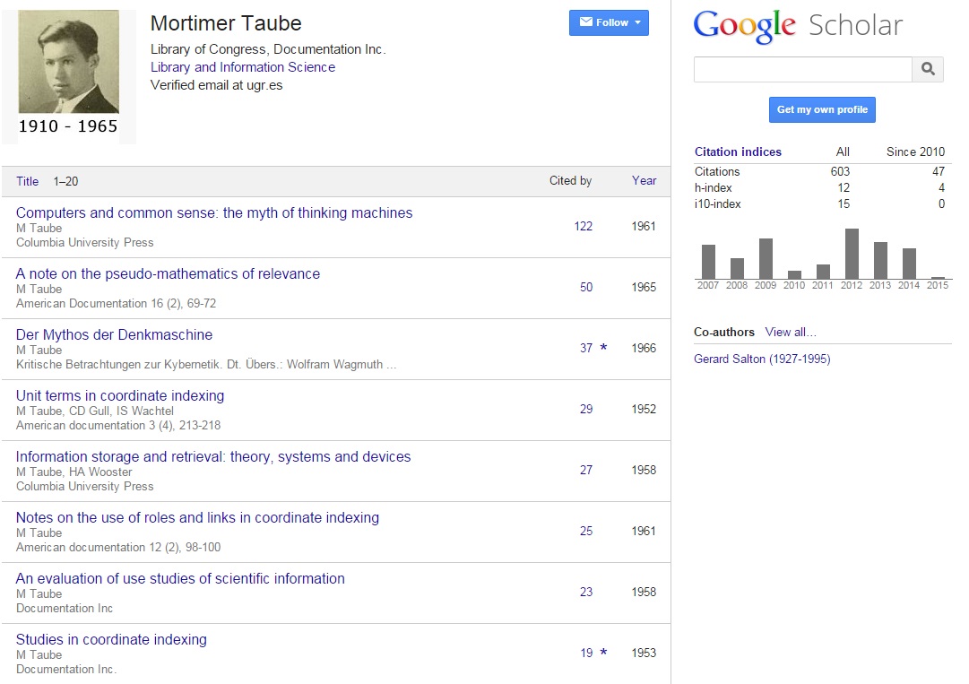 Mortimer Taube's Google Scholar Citations Profile